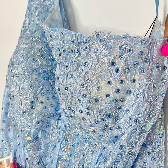 Mac Duggal 48910 One Shoulder Lace Corset Mermaid Dress, Powder Blue, Size 14 - Picture 7 of 12
